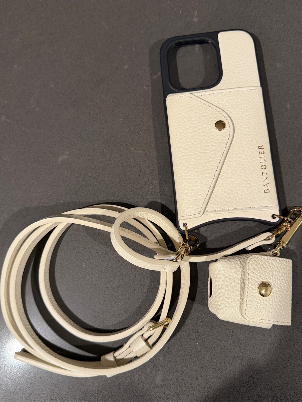 Bandolier Ivory Leather Crossbody Phone Case with Strap and AirPod Pouch